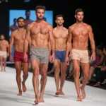 Models showcasing male lace shorts on a runway