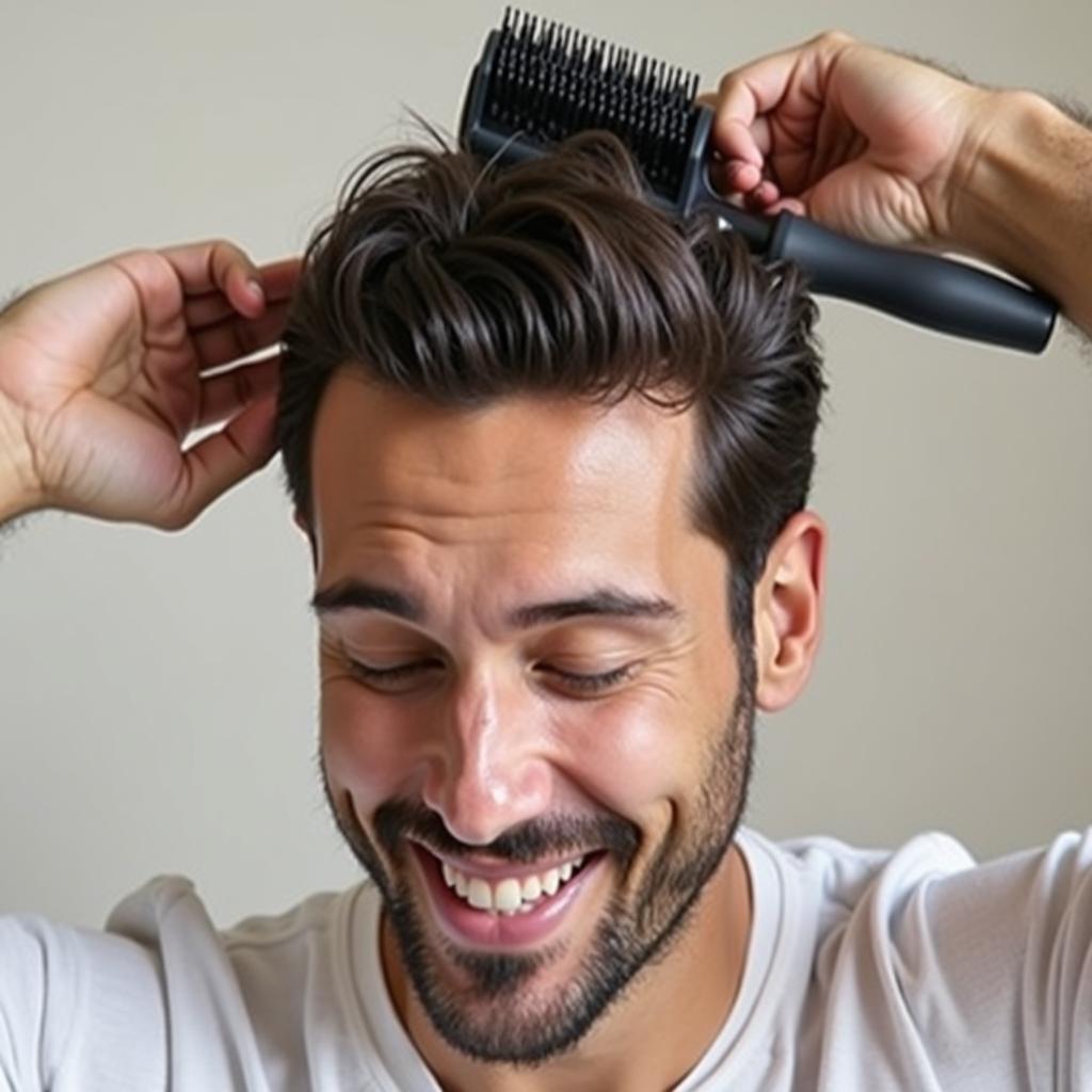 Man brushing his hair diligently using a soft brush to create 360 waves.