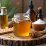 Close-up of a jar of manuka honey surrounded by natural hair care products like oils and wooden combs.