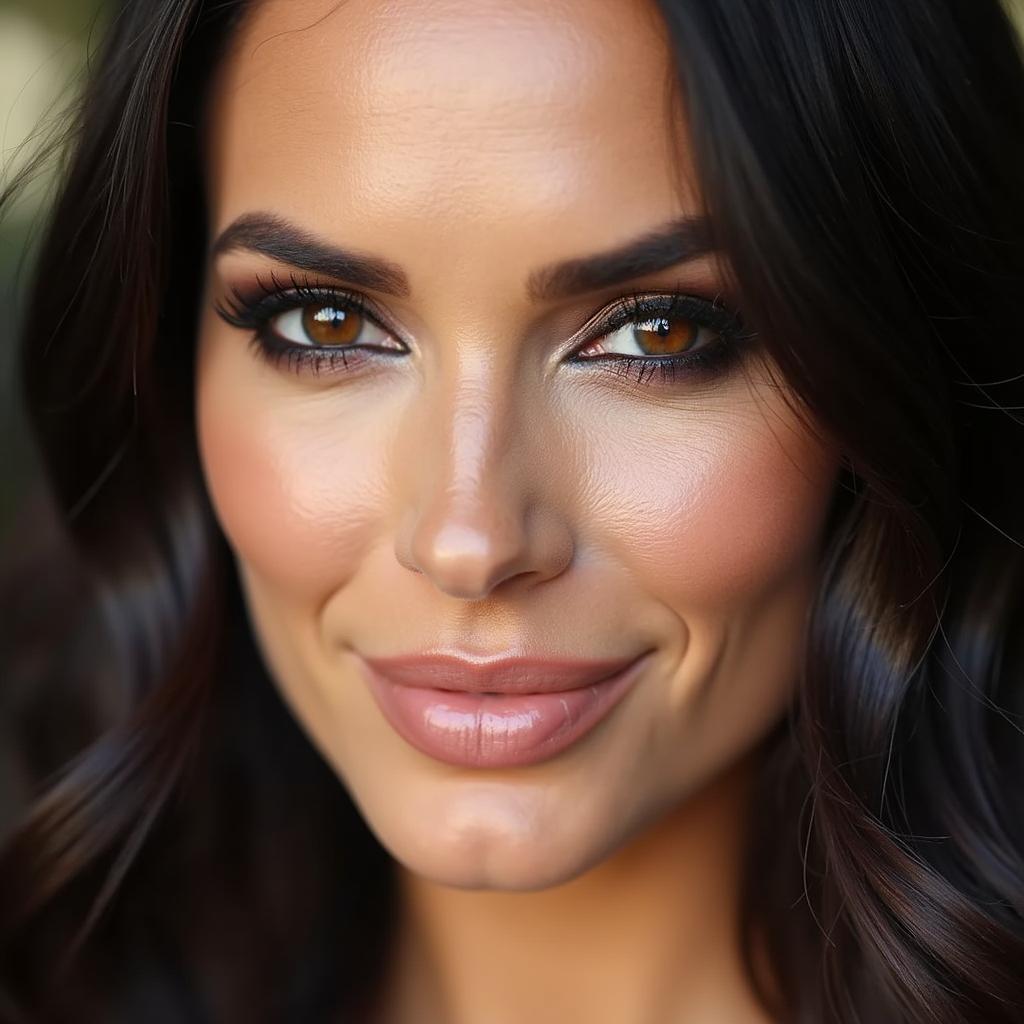 Close-up of Megan Fox's signature smoky eye makeup, highlighting the blended eyeshadow and winged eyeliner.