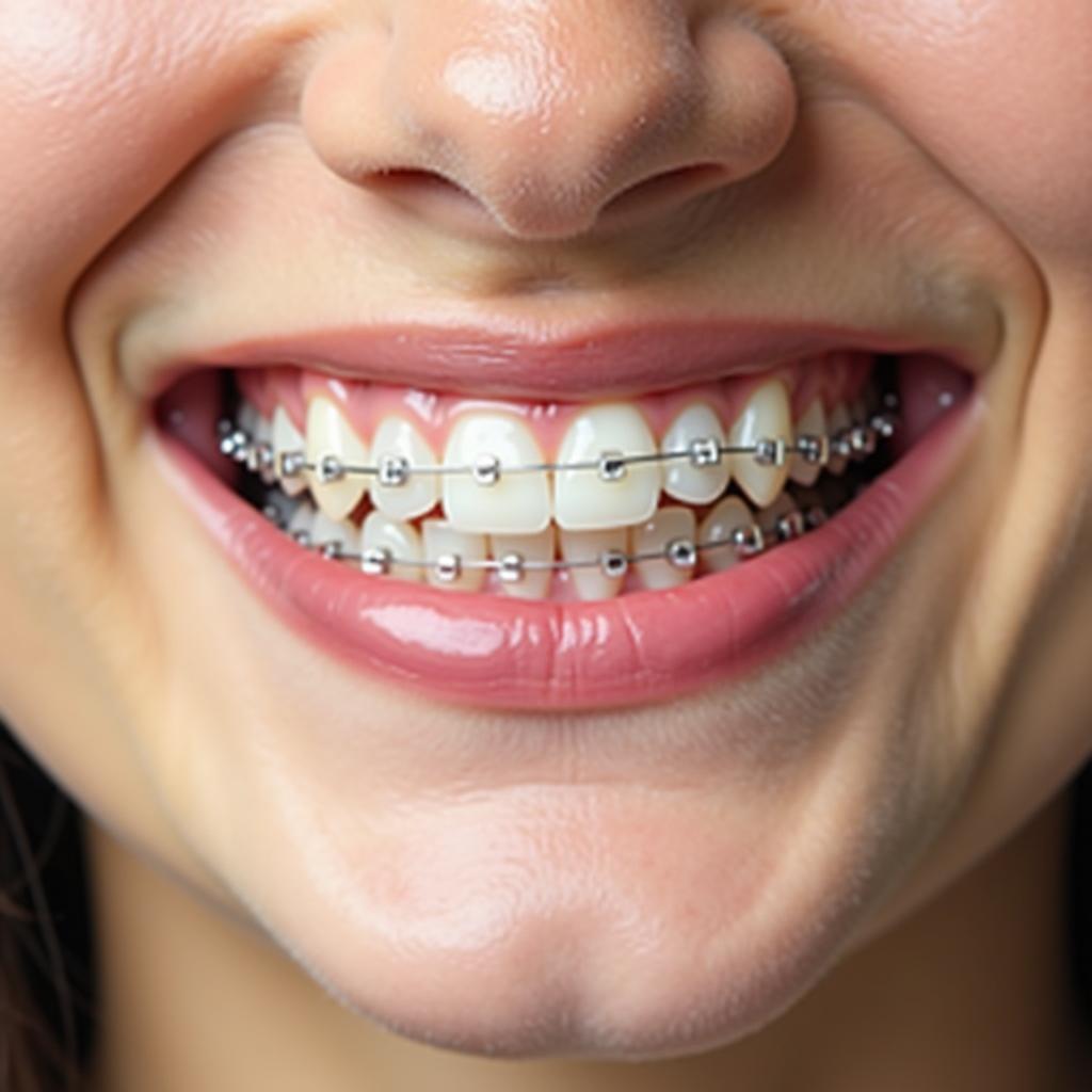 A person smiling with a metal retainer in their mouth.