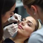 Microblading artist carefully working on a client's eyebrows