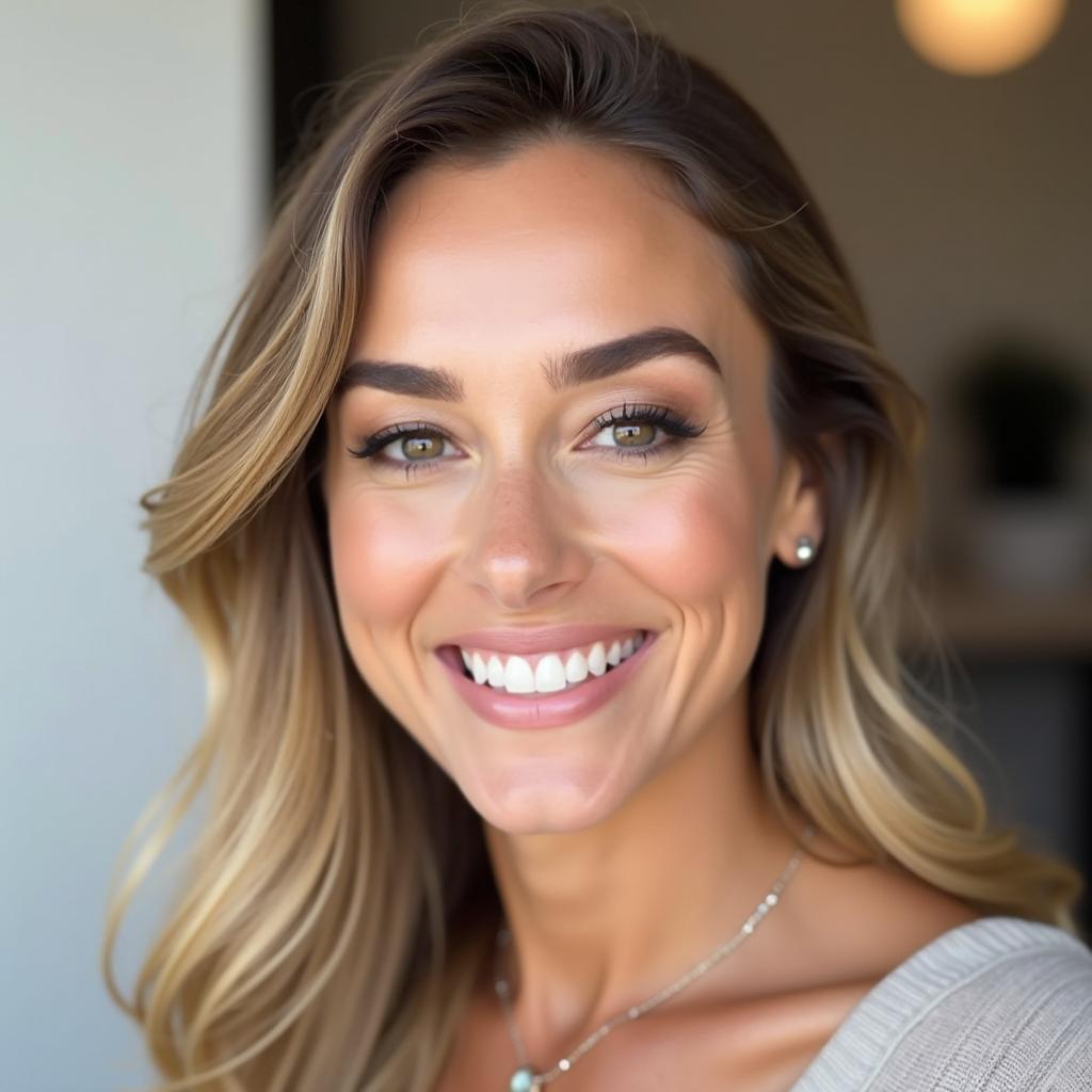 A woman smiling confidently after her microblading treatment