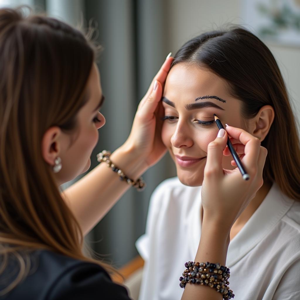 Client and artist discussing eyebrow shape during a consultation