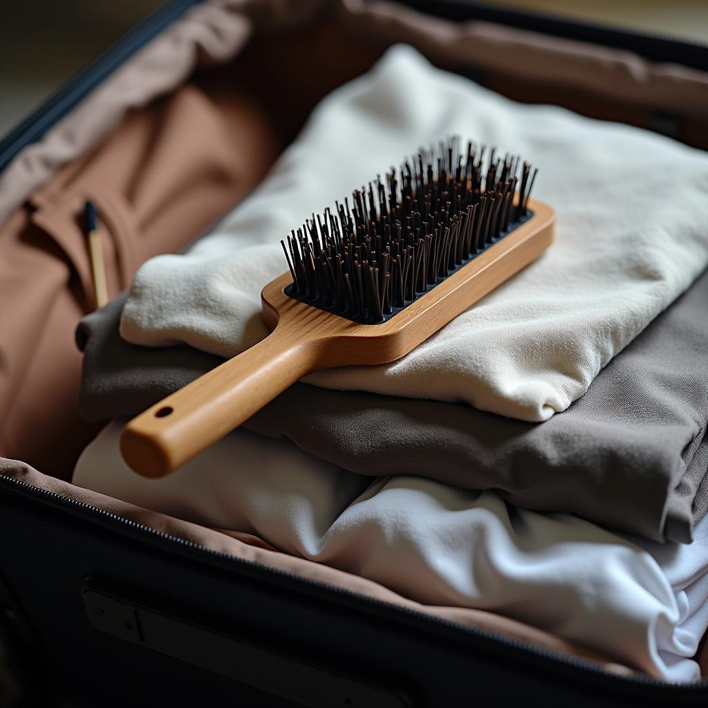 Mini hair brush resting on a suitcase