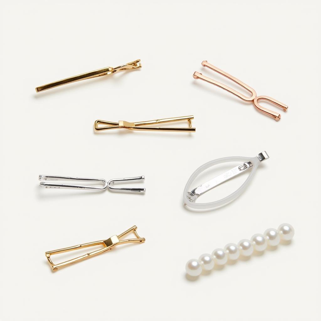 A variety of minimal hair clips in different styles and materials like metal, acetate, and pearl.