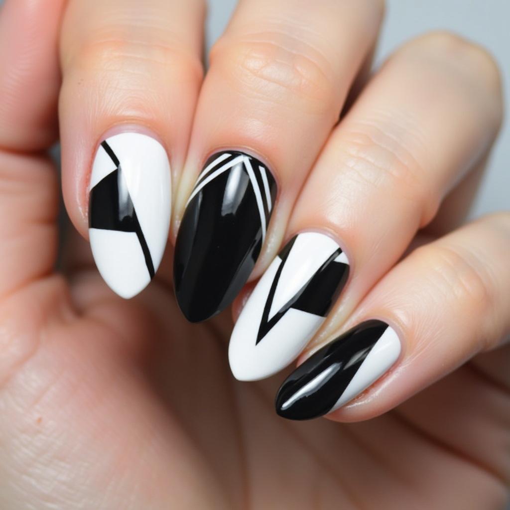 Modern Black and White Geometric Nail Art