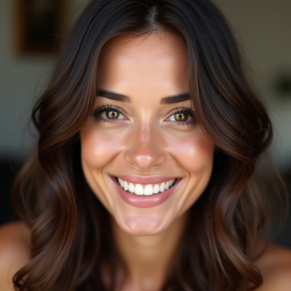 Woman with natural dark brown hair smiling warmly