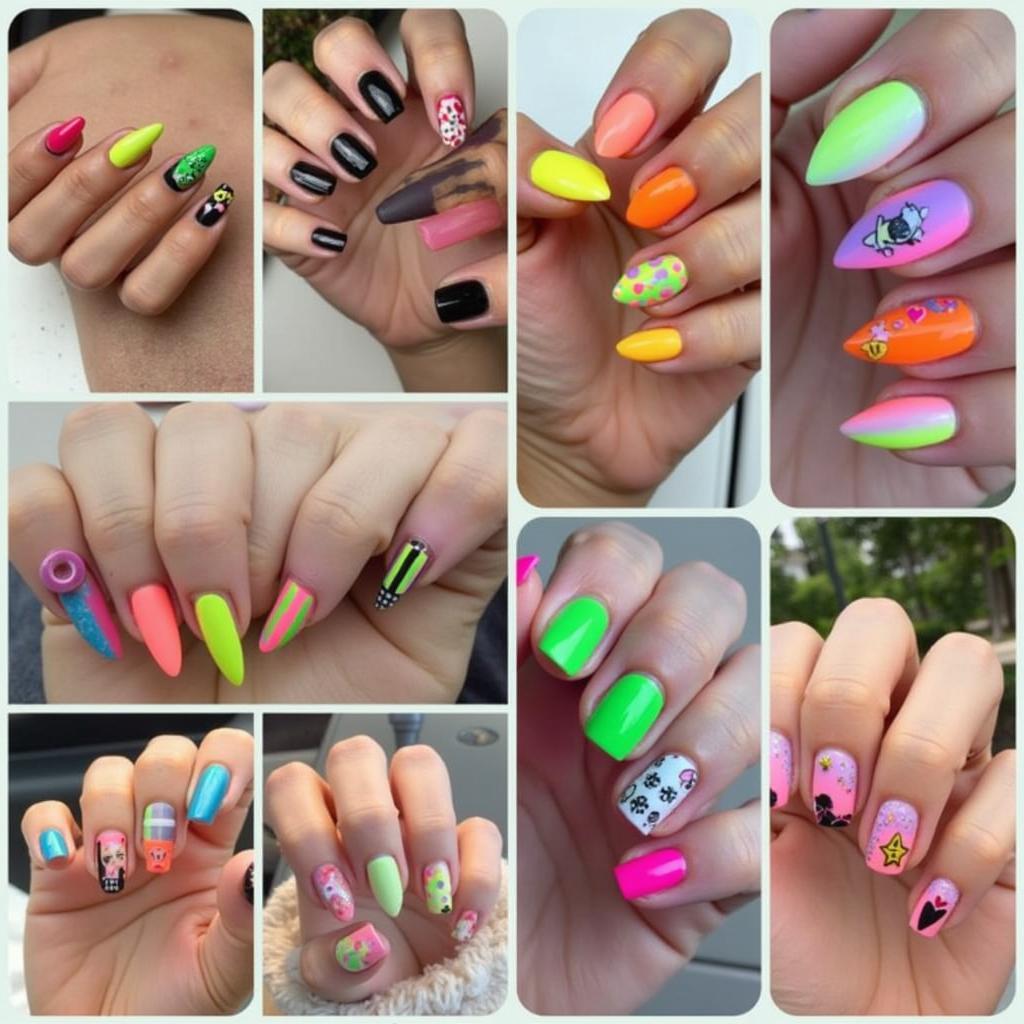 Variety of neon nail designs, including geometric patterns, floral designs, and negative space manicures.