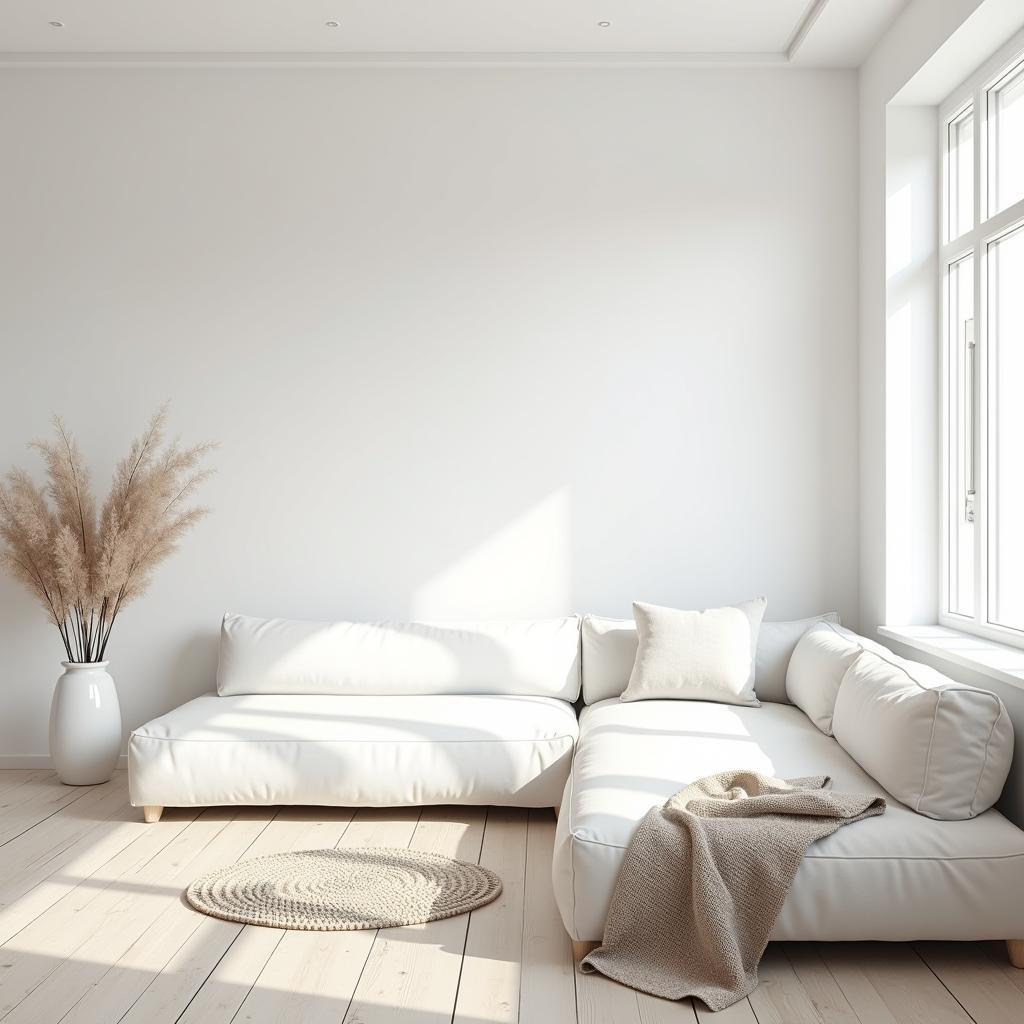 A bright and airy living room showcasing Nordic white walls, furniture, and decor. The room is filled with natural light, highlighting the clean lines and minimalist aesthetic of Scandinavian design.