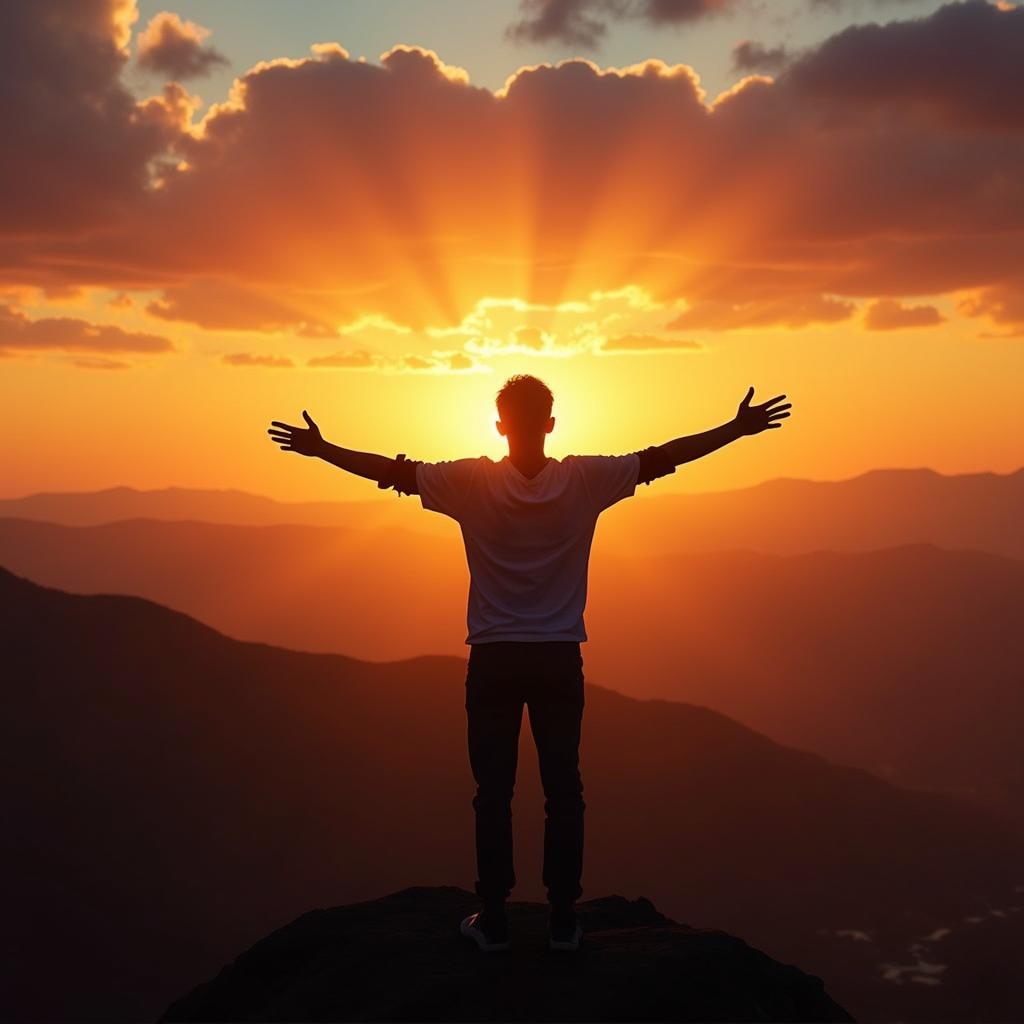 A person standing on a mountaintop, overlooking a vast landscape, symbolizing the leadership and vision of a Life Path 10 old soul.