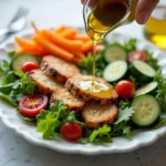 A plate of healthy food drizzled with olive oil.