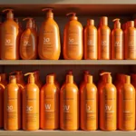 Various orange-bottled hair products on a shelf