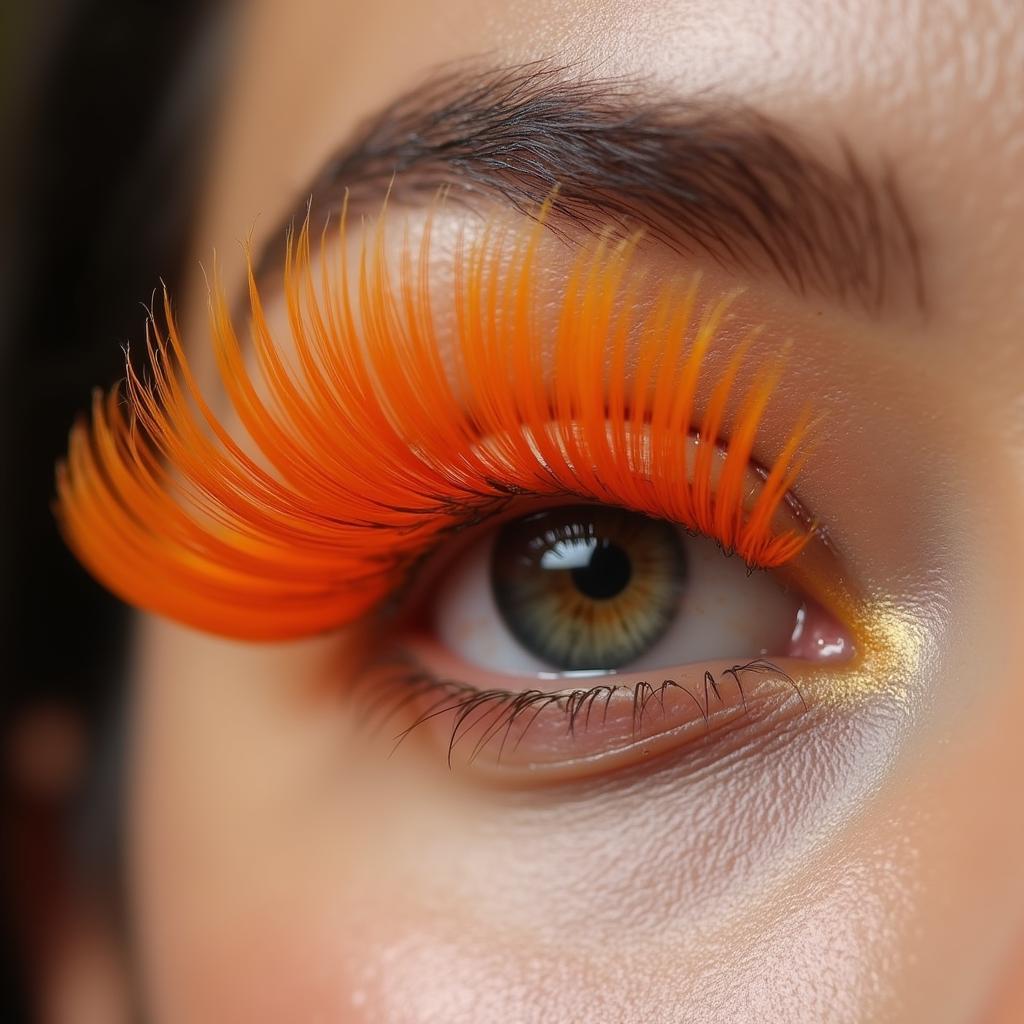 Close-up of orange eyelashes on a model