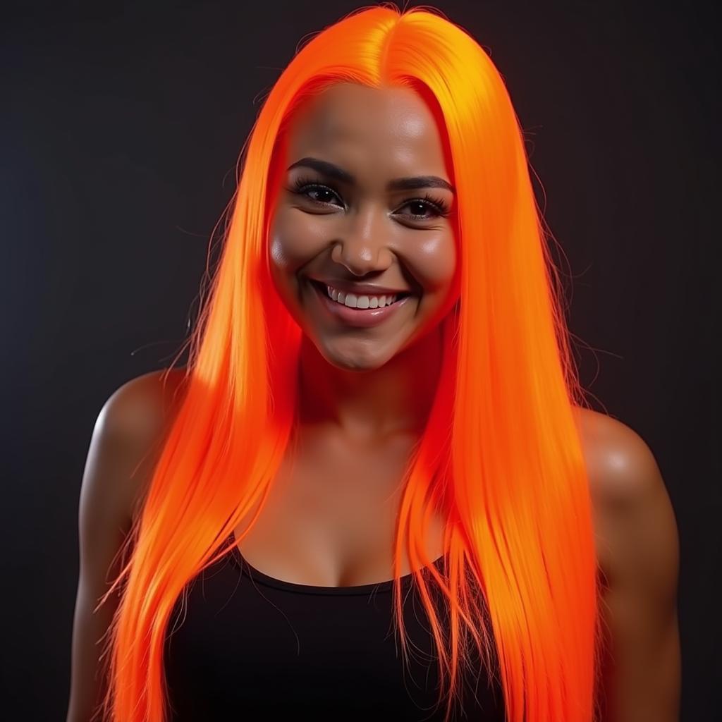 Woman with Vibrant Orange Neon Hair Smiling Confidently