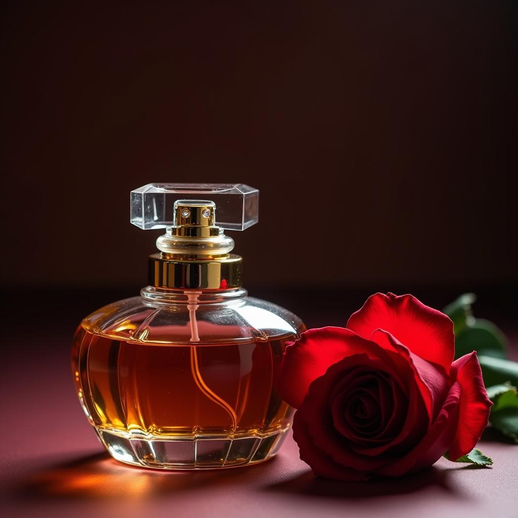 Elegant bottle of oud perfume with a single red rose.