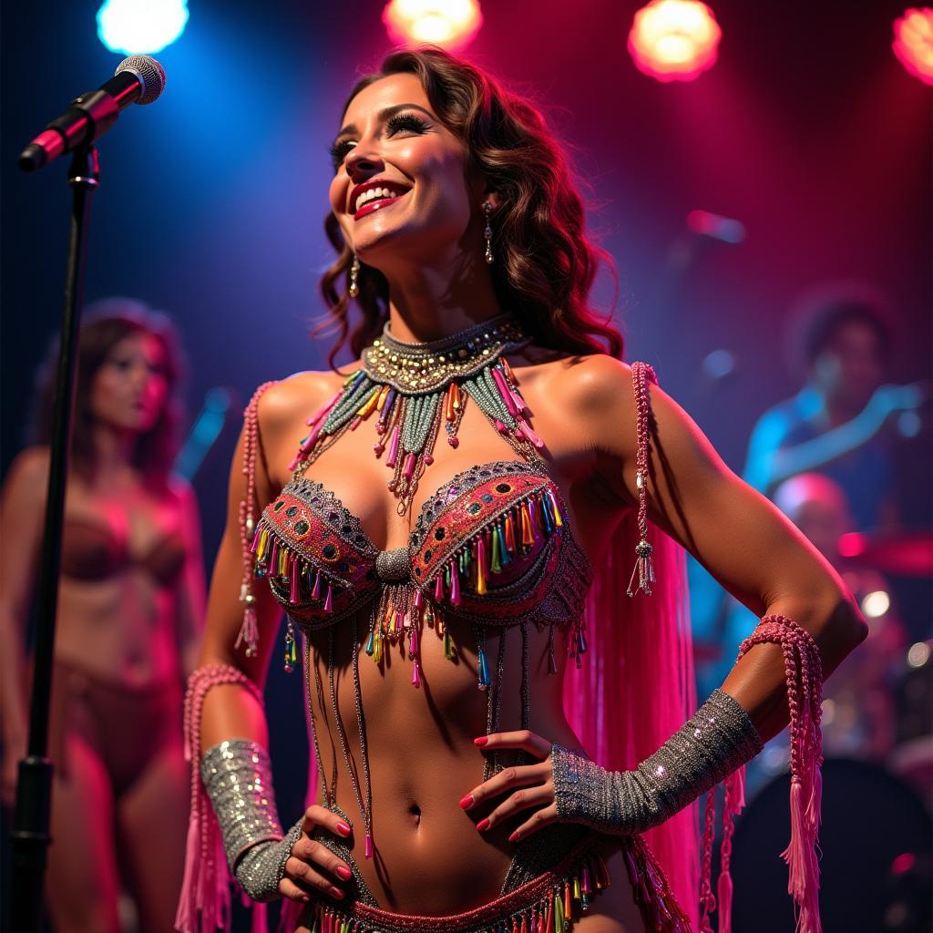 Burlesque dancer wearing elaborate pasties and tassels