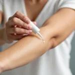 A person applying a small amount of skincare product to their inner arm for a patch test.