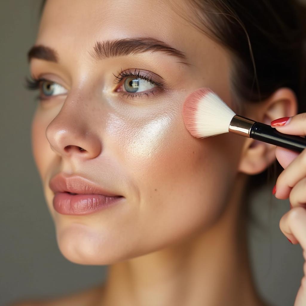 A woman with flawless skin applying pearlescent highlighter to her cheekbones.