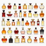 A diverse collection of perfume bottles, representing different styles, brands, and fragrance families.