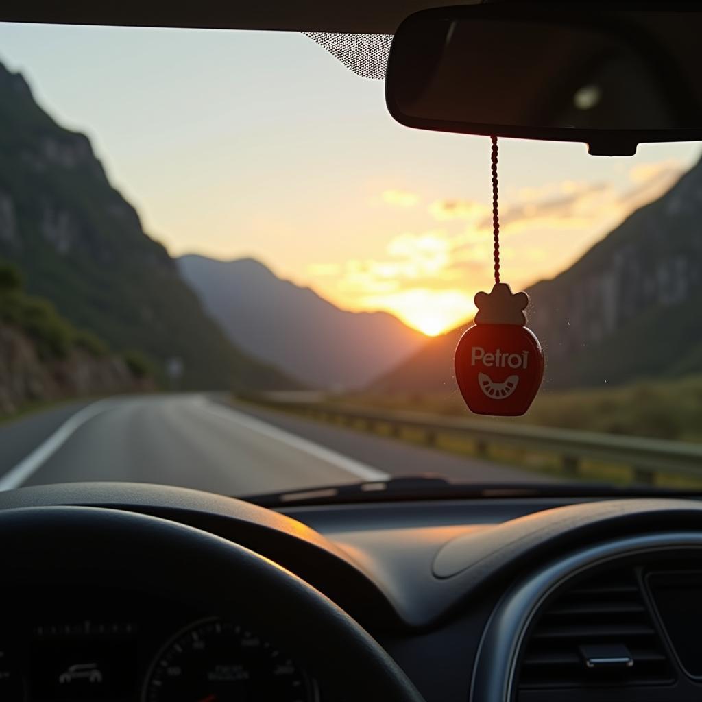 A car driving on a scenic road with a petrol scented air freshener hanging from the mirror.