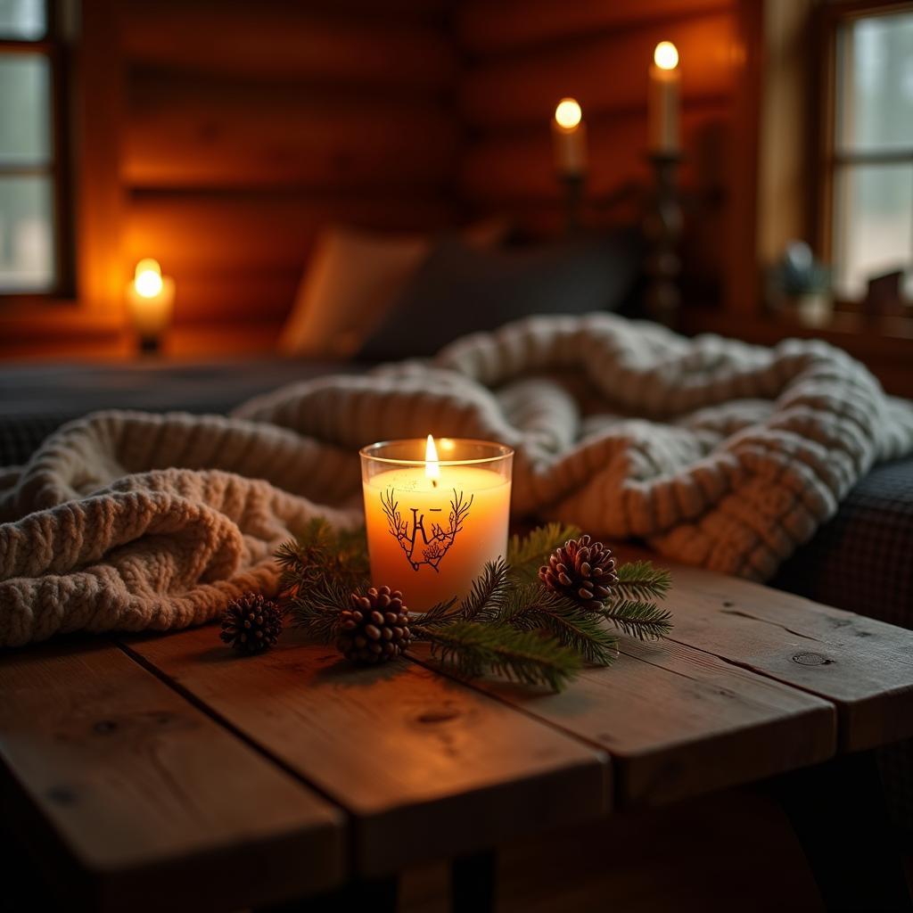 Pine candle burning in a cozy cabin setting