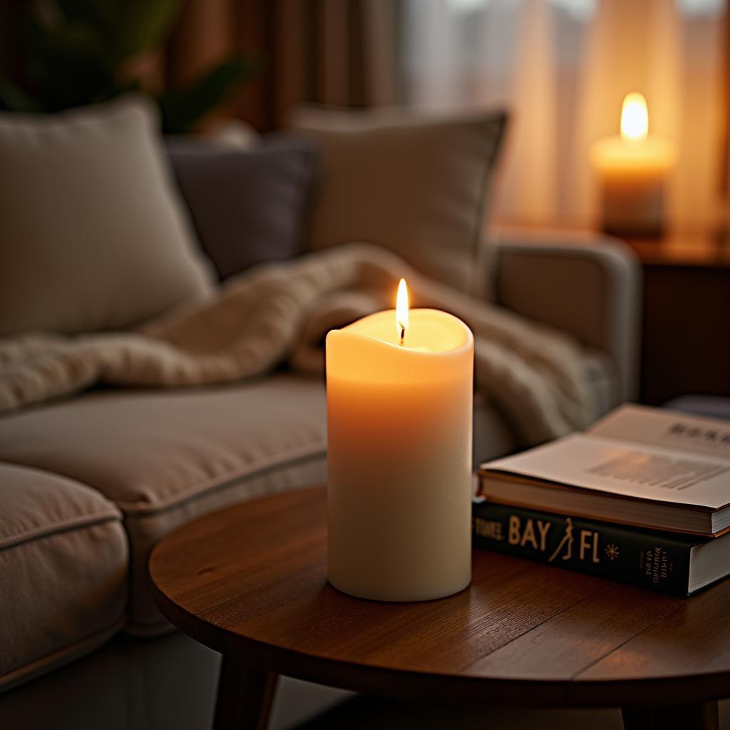 Pine candle creating a relaxing atmosphere in a home setting.