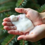 Close-up of pine scented shower gel lathering on skin