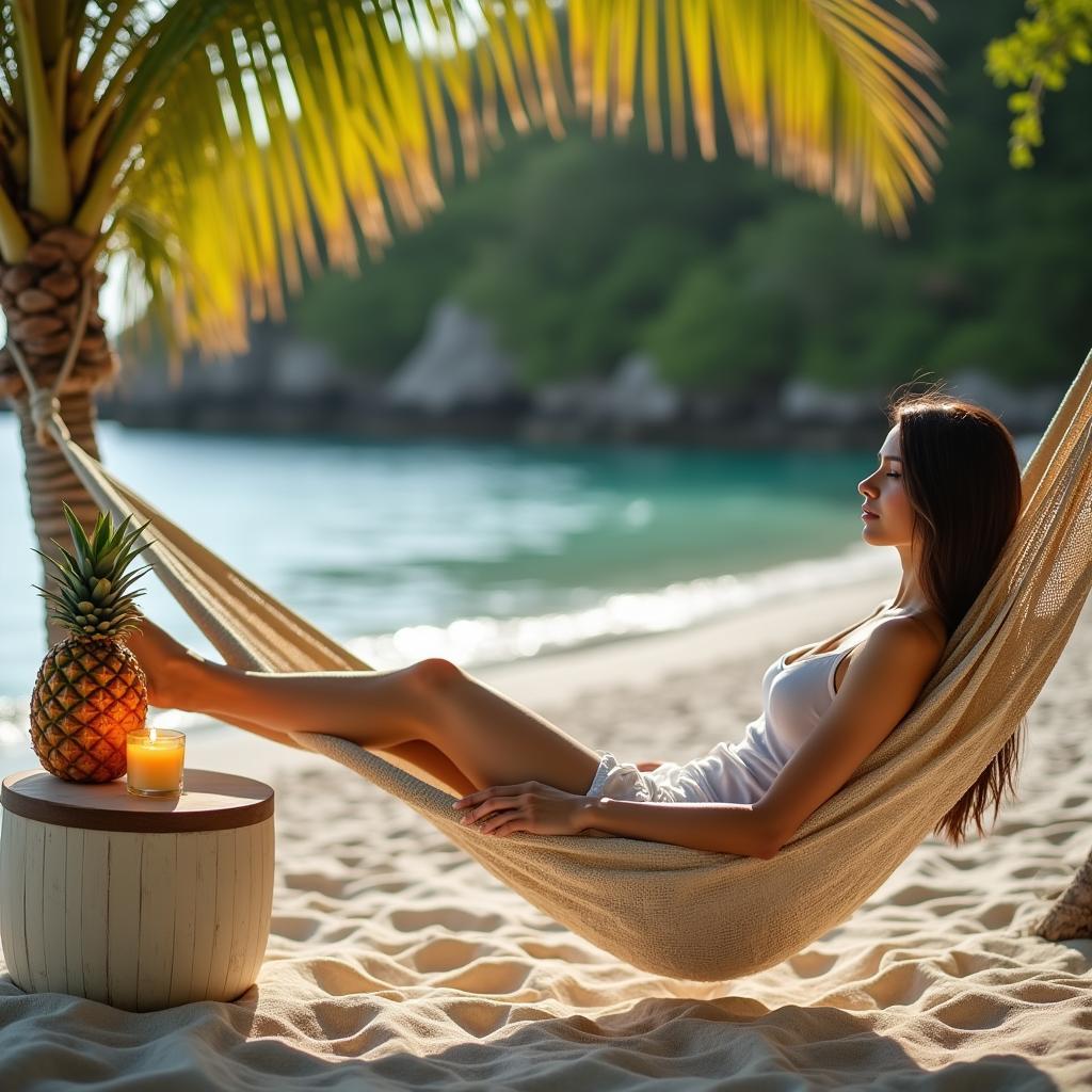 A woman relaxing in a hammock on a tropical beach, surrounded by palm trees and enjoying the scent of a pineapple coconut candle.