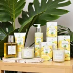 Various pineapple coconut scented products displayed on a shelf, including perfumes, lotions, and candles.