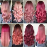 Various shades of pink red hair dye, from pastel rose gold to deep magenta.