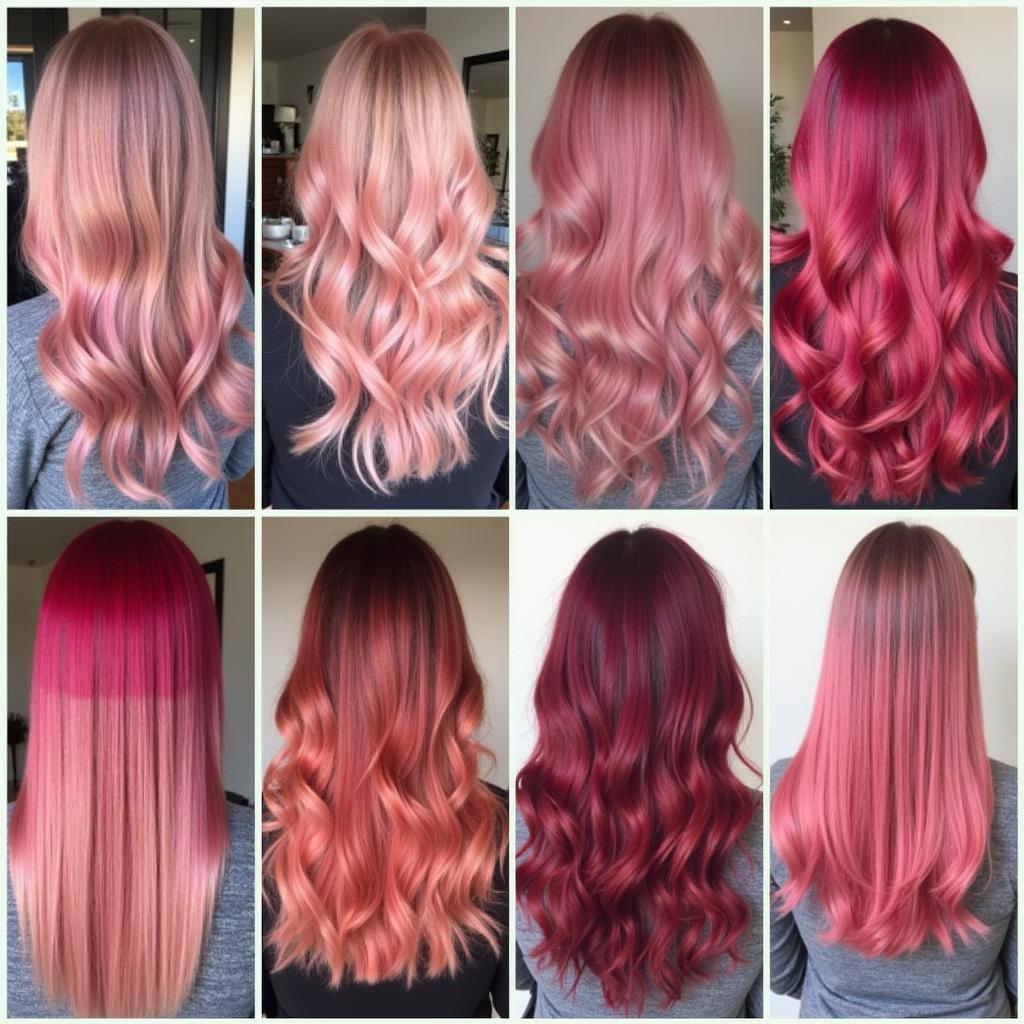 Various shades of pink red hair dye, from pastel rose gold to deep magenta.