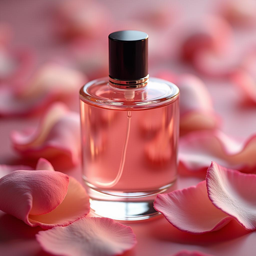 A bottle of perfume featuring the essence of pink perfume rose.