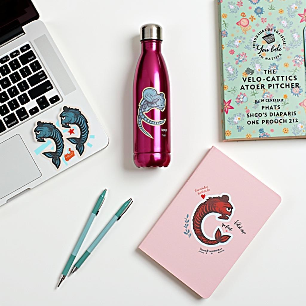 Pisces stickers used to personalize various items like laptops, water bottles, and journals.