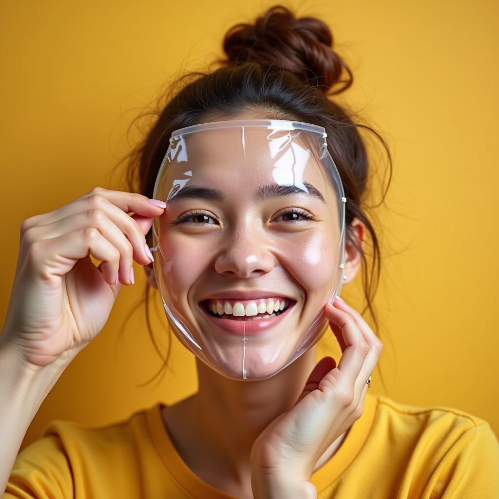 A person removing a plastic mask to reveal a genuine smile.