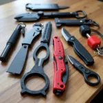 Various plastic self-defense tools including kubotans, tactical pens, and credit card knives.