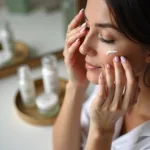 Woman applying skincare products meticulously with a plated daily routine.