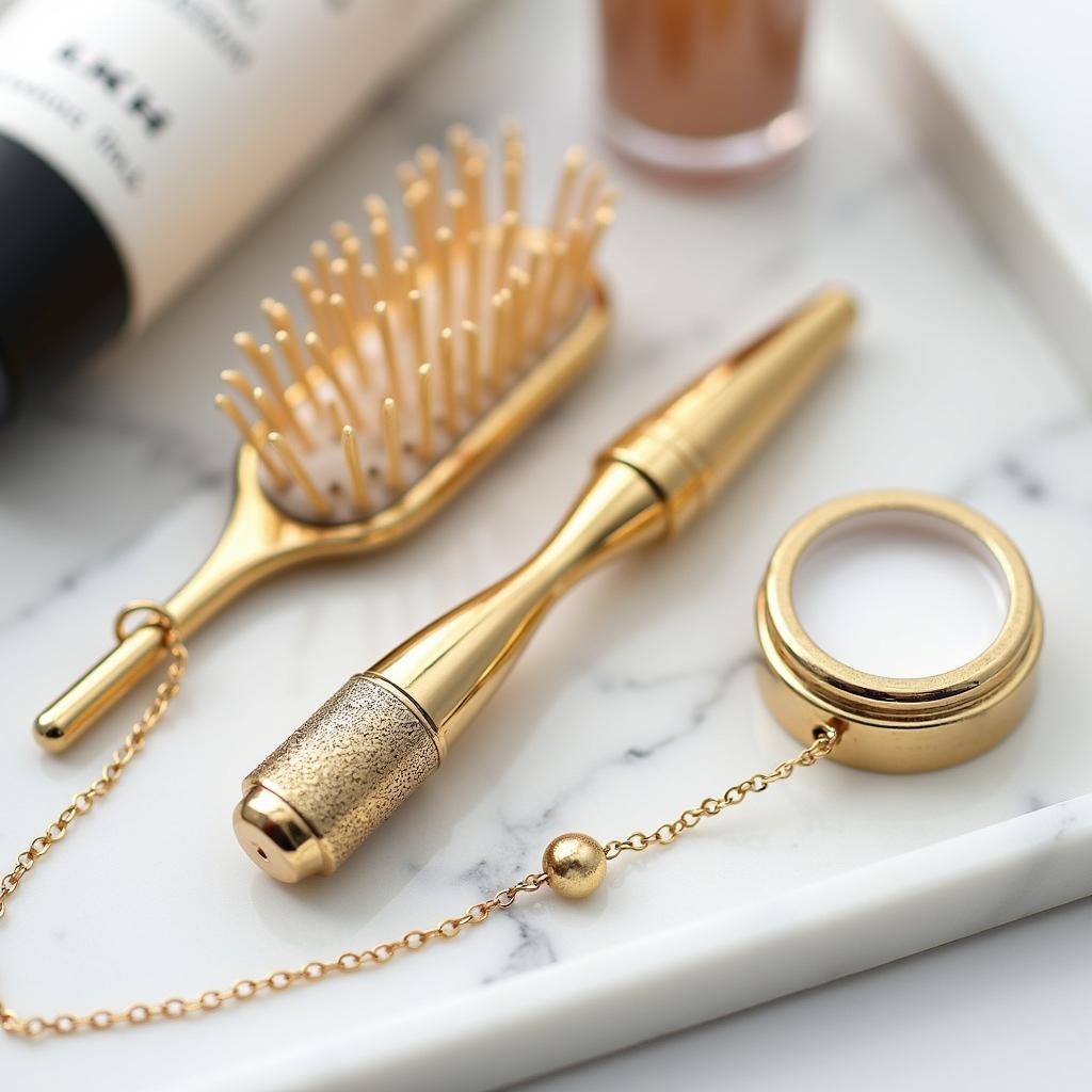 Various skincare tools like a gold hair brush and metal applicator eye cream neatly arranged for a plated daily routine.