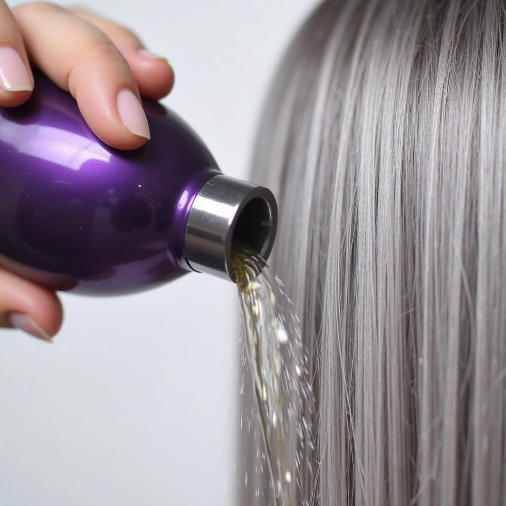 Platinum shampoo neutralizing yellow tones in grey hair