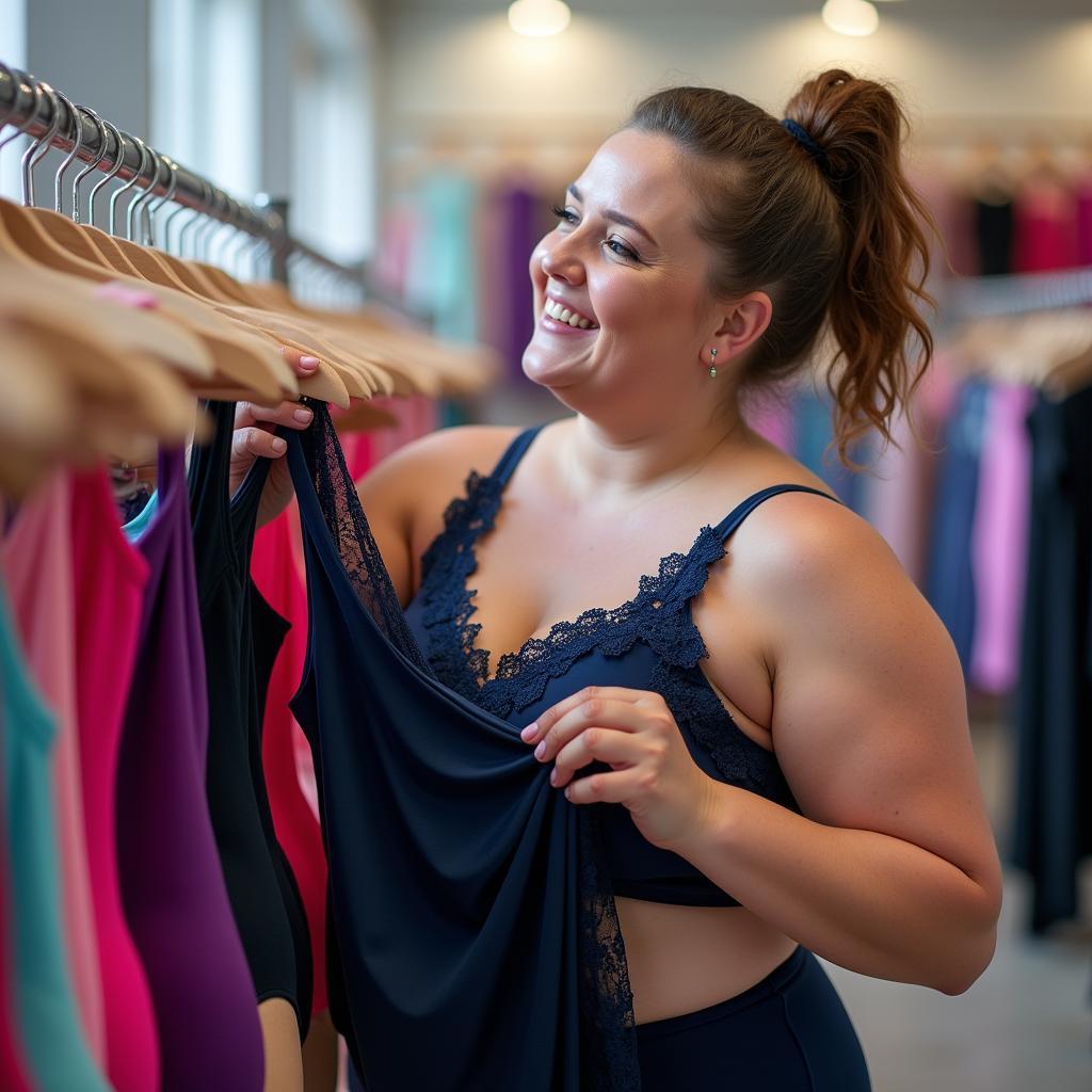 Plus size ballet dancer choosing a leotard