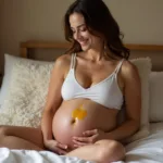 Pregnant woman gently applying argan oil to her growing belly.