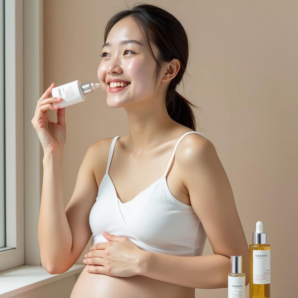 Pregnant woman applying Korean skincare products to her face.