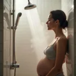 Pregnant woman relaxing in shower with aromatherapy steam