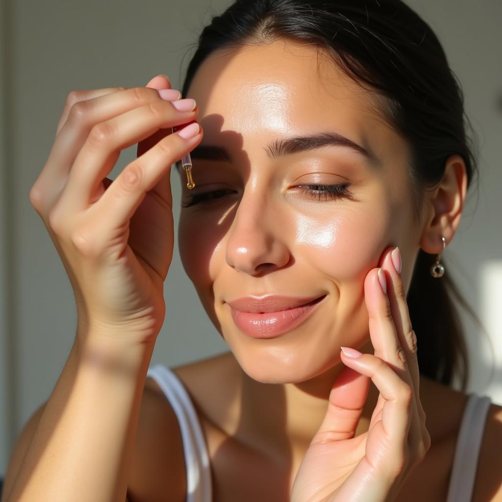 Pregnant woman gently massaging argan oil into her face.