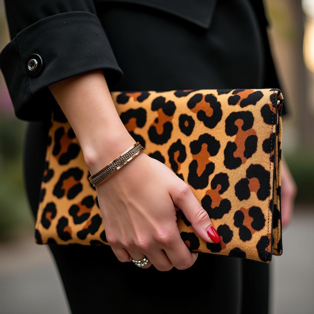 A close-up of a woman's hand holding a leopard print clutch