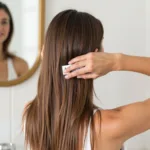 A person applying purple conditioner to their hair.