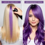 A split image comparing temporary and semi-permanent purple hair spray results.