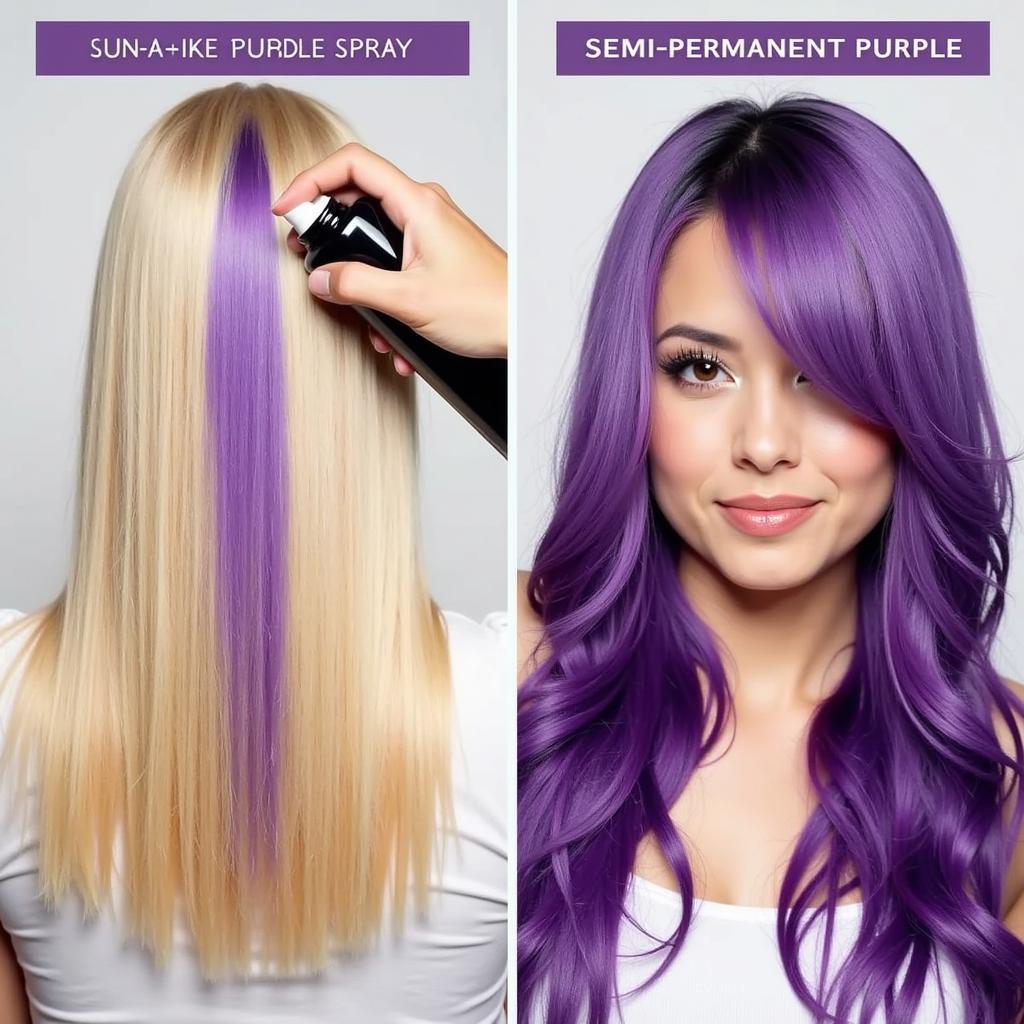 A split image comparing temporary and semi-permanent purple hair spray results.