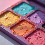 Closeup of a rainbow highlighter palette showcasing vibrant hues and shimmery finish