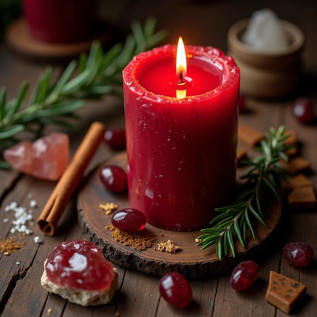 Red Candle with Herbs and Crystals for Spellwork